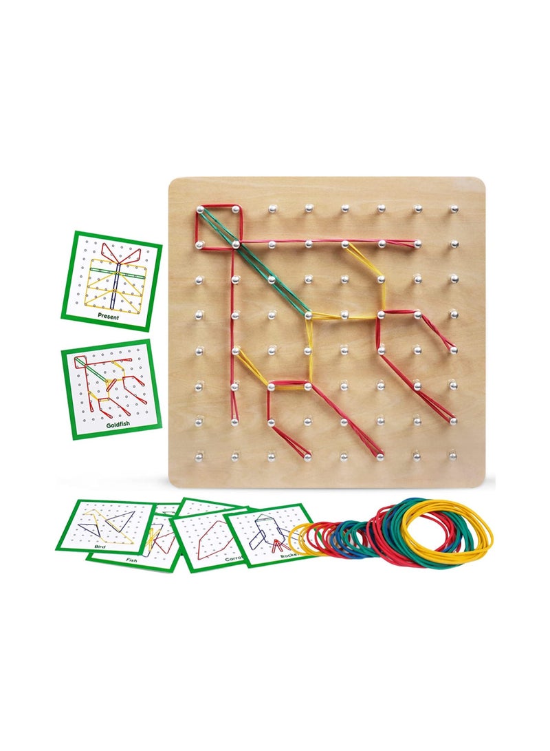 Wooden Puzzle Matrix, Math Manipulative Material, Graphical Educational Toys with Pattern Cards and Rubber Bands Shape, for 3 4 5 Year Old Kids, STEM Puzzle Matrix 8x8 Brain Teaser Toys - Image 1